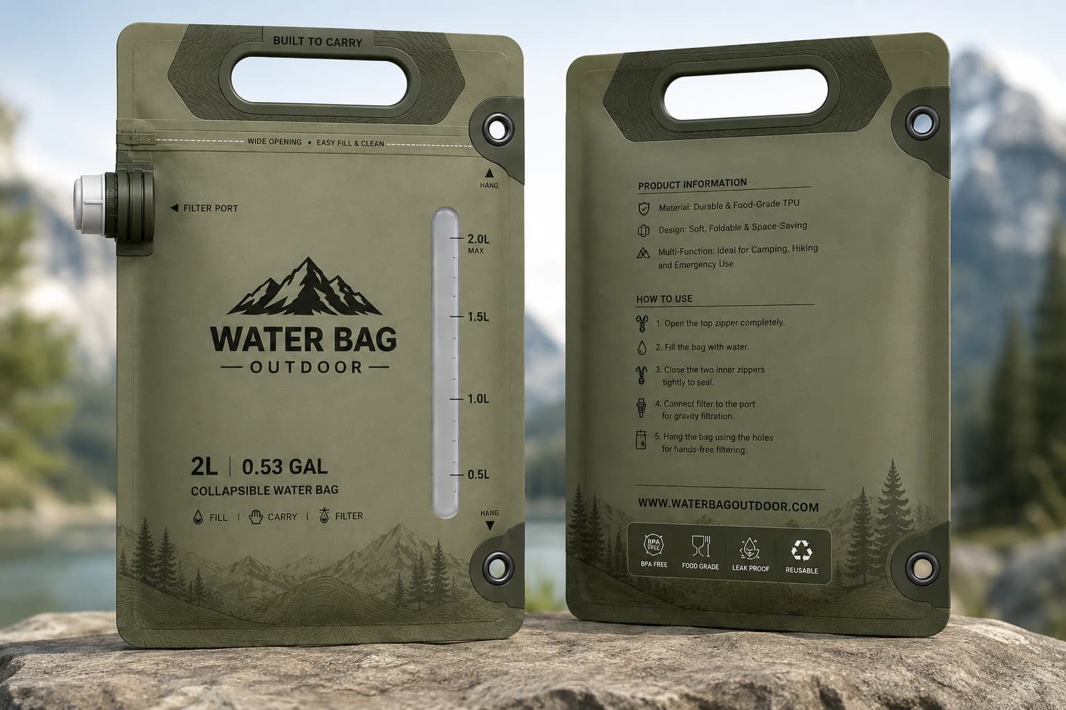 Example flexible water bag configuration showing handles, filter port and measurement markings