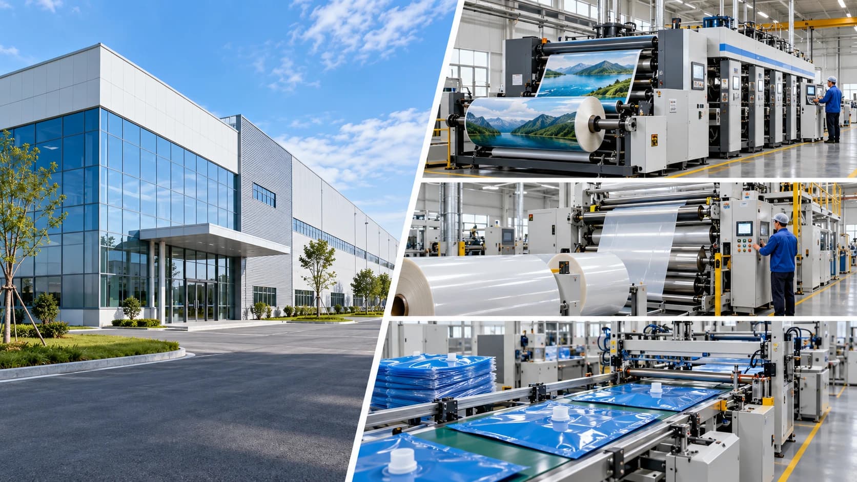Supplied manufacturing capabilities composite showing a facility exterior, printing, lamination and water bag production