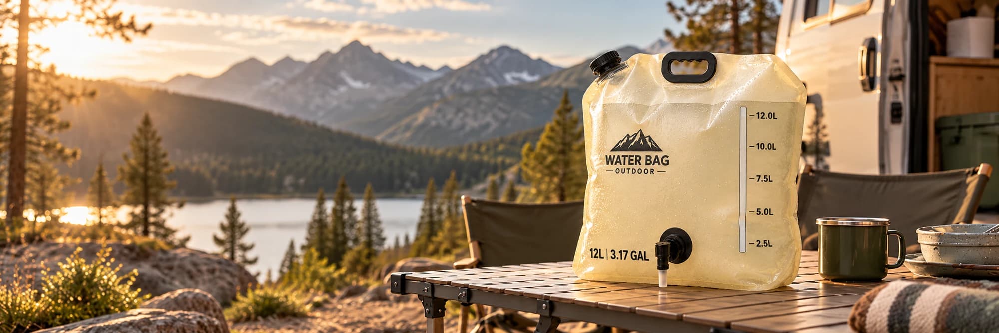 Supplied water bag imagery beside an RV overlooking a mountain lake