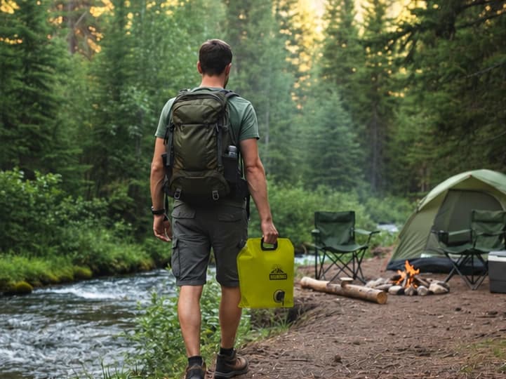 Camper carrying a water bag beside a forest campsite