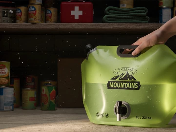 Water bag stored with emergency supplies